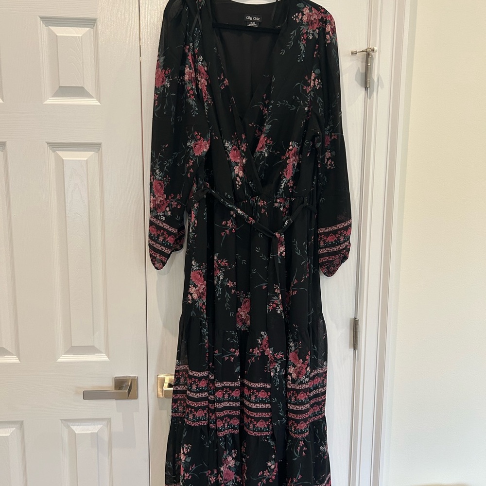 City Chic Black and Pink Floral Long Sleeve Dress